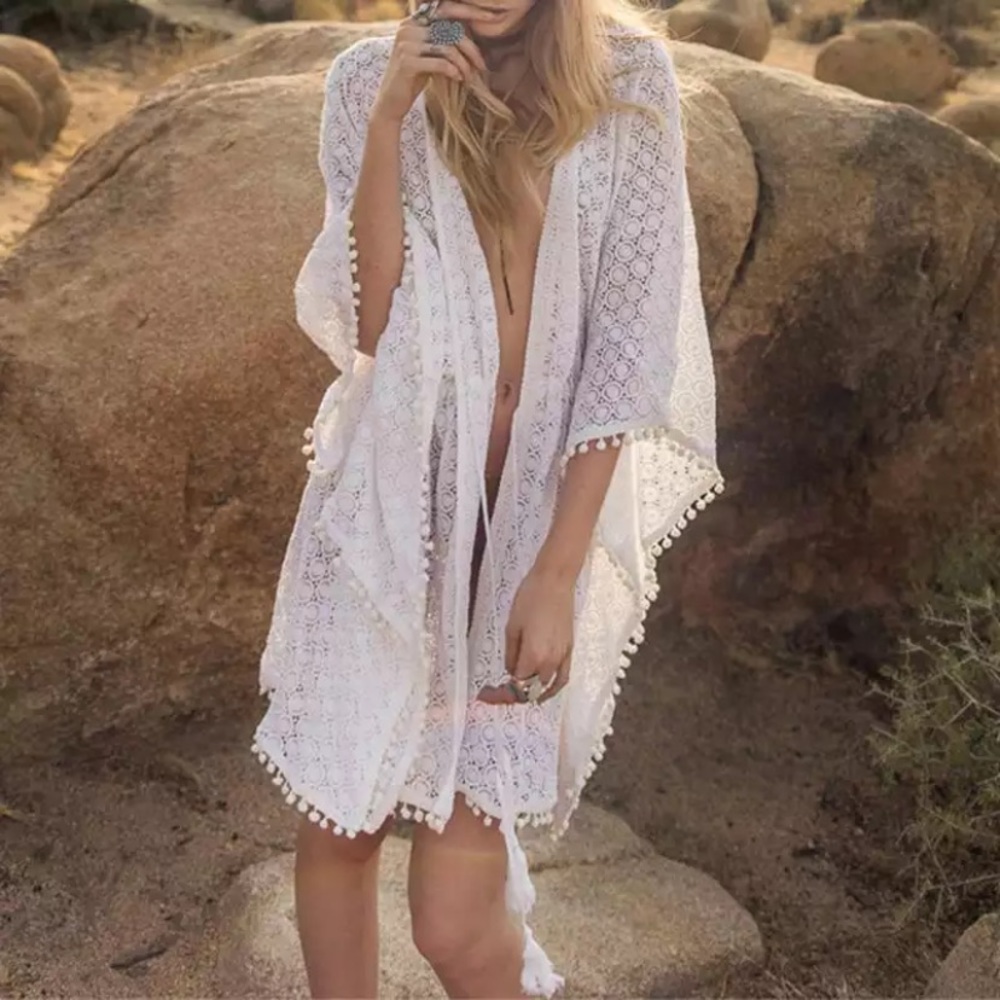 CLEARANCE White Boho Pompom Crochet Coverup Kimono Wrap - Picture 2 of 7